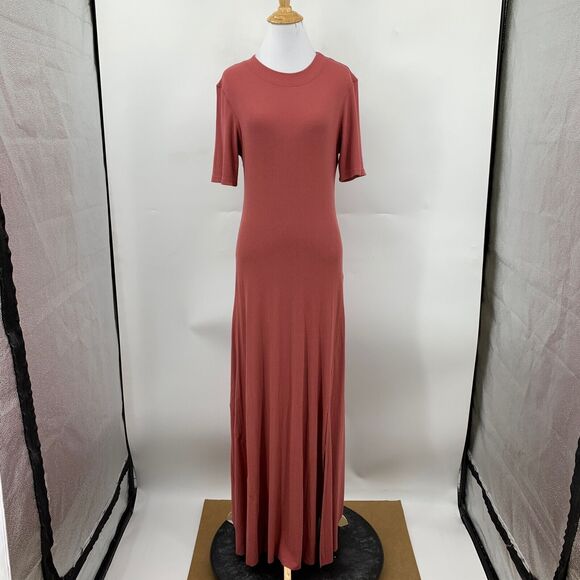 All Row Dress Womens M Medium Dusty Rose Ribbed Slit Short Sleeve Stretch Maxi - Picture 2 of 15